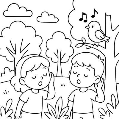 Children Listening To Bird Songs In Forest