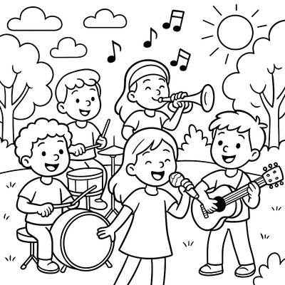 Children With Instruments Creating Outdoor Music Concert
