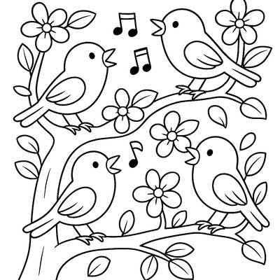 Orchestra Of Birds Singing In A Flowering Tree