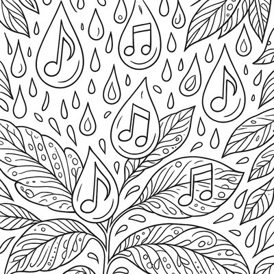 Rain Drops Creating Musical Notes On Leaves