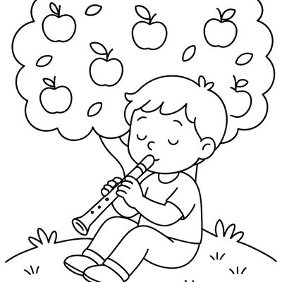 Child Playing Recorder While Sitting Under Blooming Apple Tree