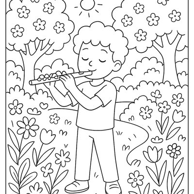 Flute Player Performing In Spring Garden