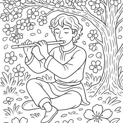 Flute Player Sitting Under Cherry Blossom Tree