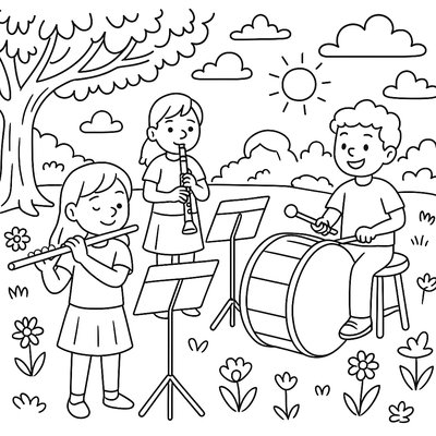 School Band Practicing Outside In Spring Weather