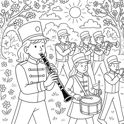 School Marching Band Practicing In Spring Sunshine
