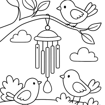 Wind Chimes Hanging From Tree Branch With Birds Nearby