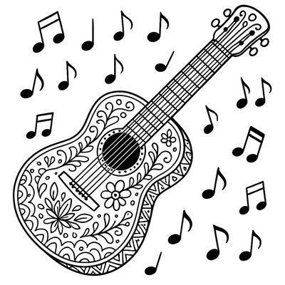A Decorated Acoustic Guitar With Musical Notes Floating Around It