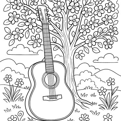 Acoustic Guitar Leaning Against Blooming Tree Outdoors