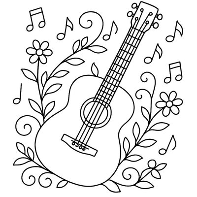 Acoustic Guitar Surrounded By Musical Notes And Flower Vines