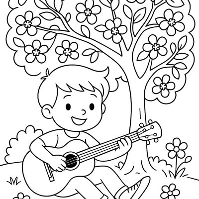 Child Playing Guitar Under Blooming Tree
