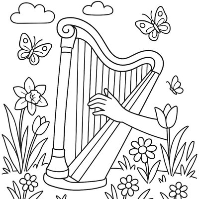Harp Being Played Outdoors With Spring Flowers And Butterflies