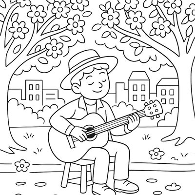 Street Musician Playing Guitar Under Blooming Trees