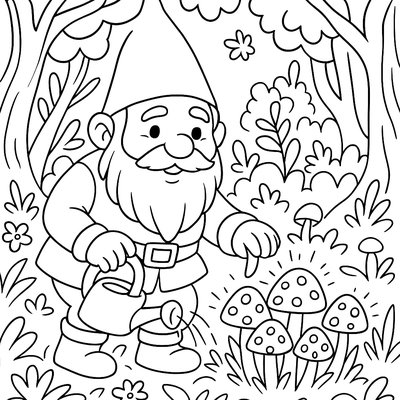 A Friendly Gnome Tending To A Patch Of Glowing Mushrooms In A Magical Forest