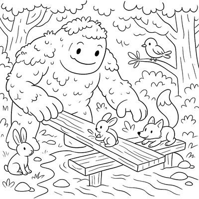 A Friendly, Moss-covered Golem Helping Small Woodland Creatures Build A Bridge Across A Stream