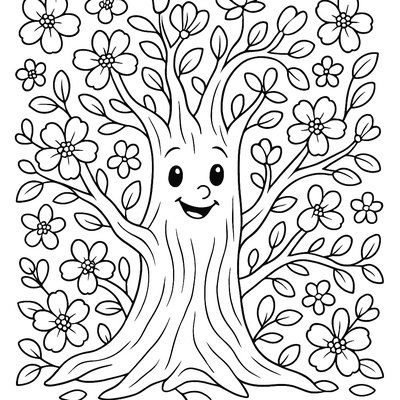 A Friendly Tree Spirit Surrounded By Spring Blossoms