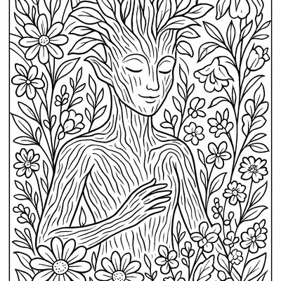 A Tree Spirit With Bark-like Skin Surrounded By Woodland Flowers