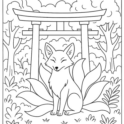 A Wise Nine-tailed Kitsune (fox) Sitting Gracefully Under A Torii Gate In A Mystical Forest