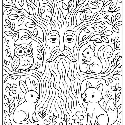 A Wise Tree Spirit Surrounded By Forest Animals