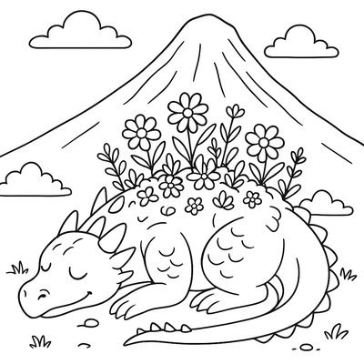 Earth Dragon Sleeping Under Mountain With Spring Flowers