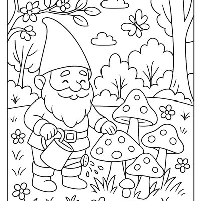 Forest Gnome Tending To Mushroom Garden In Spring Woods