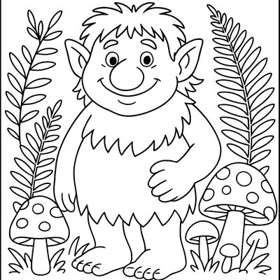 Friendly Forest Troll Surrounded By Mushrooms And Ferns