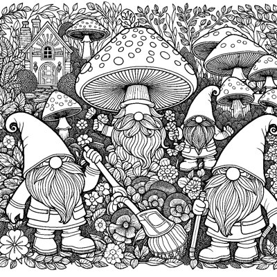 Garden Gnomes Tending To Mushroom Houses