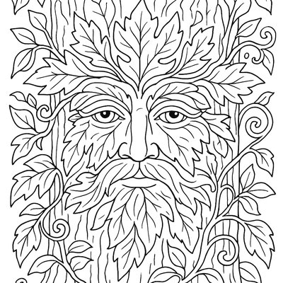 Green Man Face Emerging From Oak Tree With New Spring Leaves