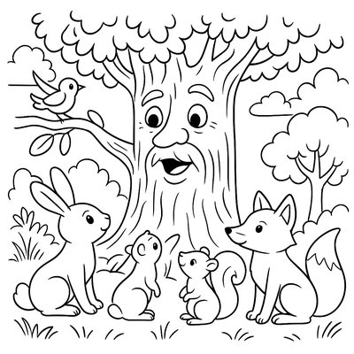 Wise Old Tree With Face Speaking To Woodland Animals