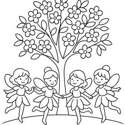 Flower Fairies Dancing Around A Blooming Cherry Tree