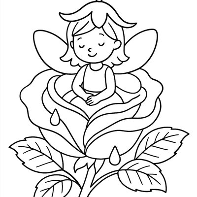 Flower Fairy Sitting Inside A Blooming Rose With Dewdrops