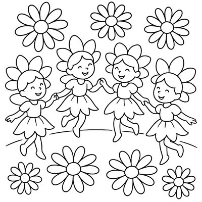 Flower Sprites Dancing In A Circle Of Blooming Daisies