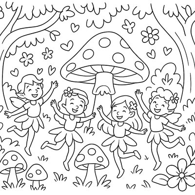 Forest Sprites Dancing Around Mushrooms In A Spring Woodland