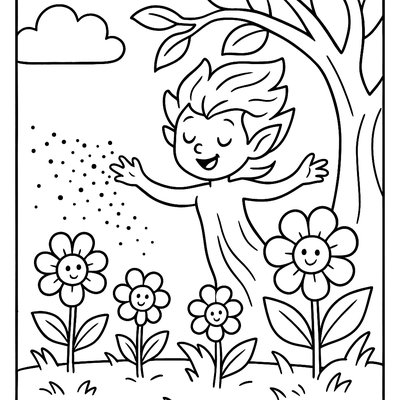 Tree Sprite Awakening Flowers With Magical Spring Dust