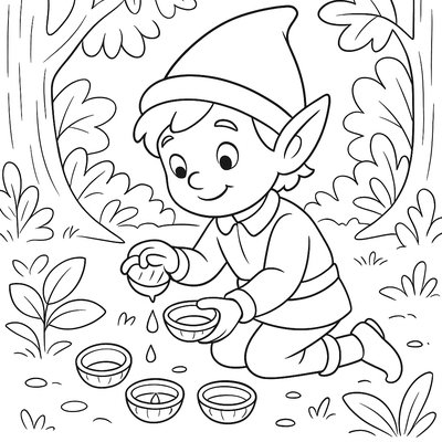 Woodland Elf Collecting Morning Dew In Acorn Caps
