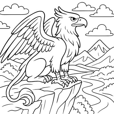 A Majestic Griffin With Detailed Feathers Soaring Over A Mountain Range At Sunrise