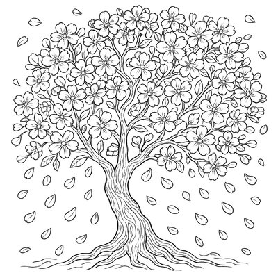 A Cherry Blossom Tree In Full Bloom With Falling Petals