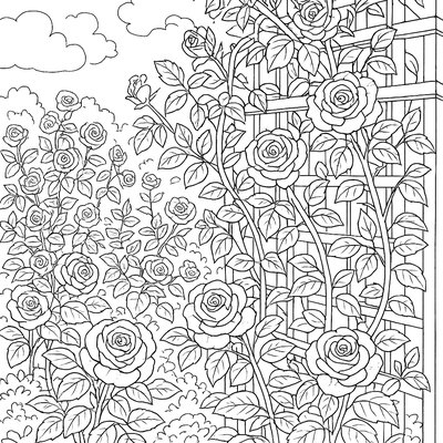 A Detailed Rose Garden With Climbing Vines And Arbor