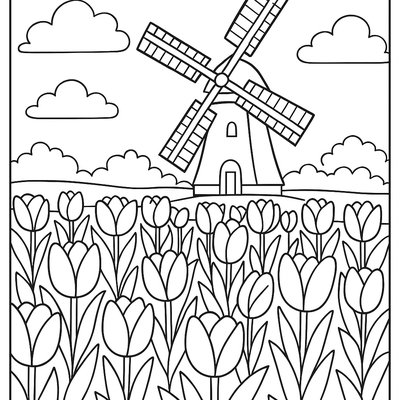 A Field Of Tulips In Full Bloom With A Windmill Background
