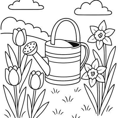 A Garden Scene With Tulips, Daffodils And A Wooden Watering Can