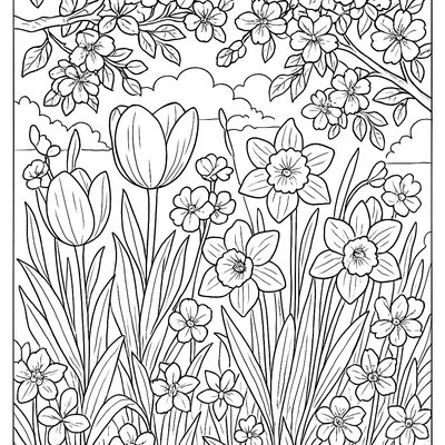 A May Garden With Blooming Lilacs And Tulips
