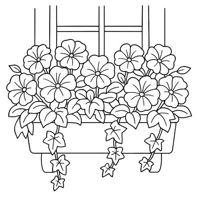 A Window Box Filled With Petunias And Ivy