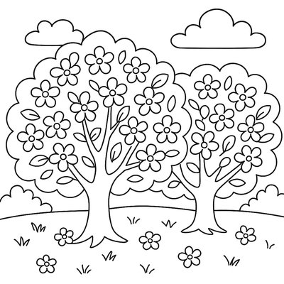 Apple Trees In Full Bloom With White Flowers