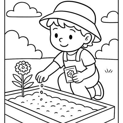 Child Planting Marigold Seeds In Raised Garden Bed
