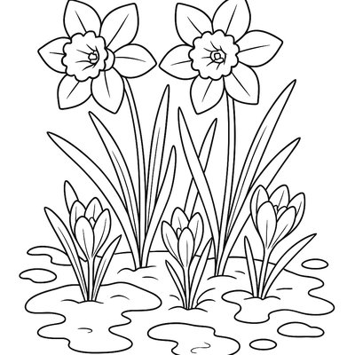 Daffodils And Crocuses Pushing Through Melting Snow