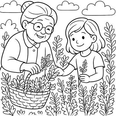 Grandmother And Grandchild Picking Fresh Herbs