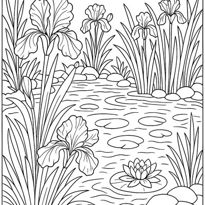 Iris Flowers Blooming Beside Garden Pond