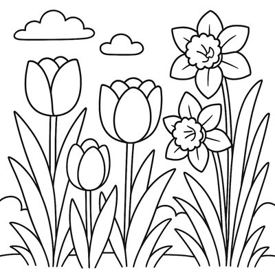 Tulips And Daffodils Blooming In A Spring Garden