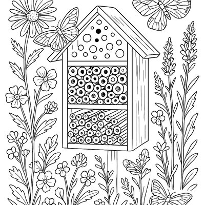A Bee Hotel Surrounded By Native Wildflowers And Butterflies