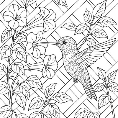 Hummingbird Visiting Trumpet Vine Flowers On A Trellis