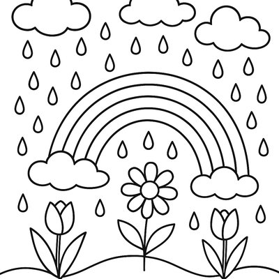 A Spring Rain Shower With Emerging Flowers And Rainbows